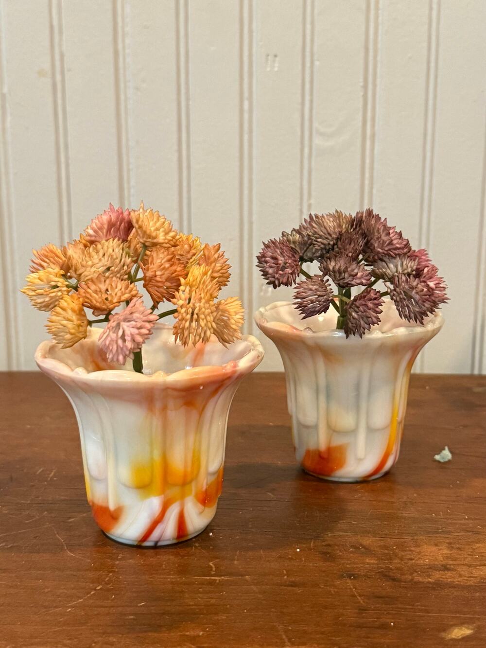 Akro Agate Slag Glass Planter Pair Orange Yellow Marbled Glass Pots